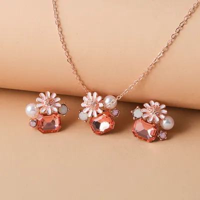 Women Fashion Cute Flowers Rectangle Rhinestones Imitation Pearls Stud Earrings Necklace Jewelry Set