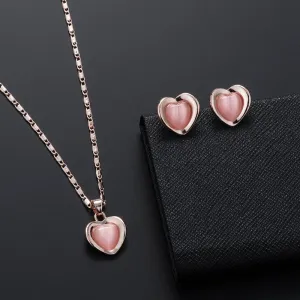 Women Fashion Imitation Gemstones Heart Shaped Stud Earrings Necklace Jewelry Set