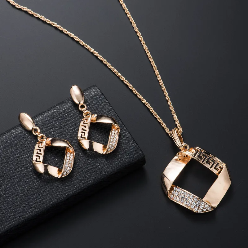 Women Fashion Elegant Rhinestone Hollow Square Dangle Earrings Necklace Jewelry Set