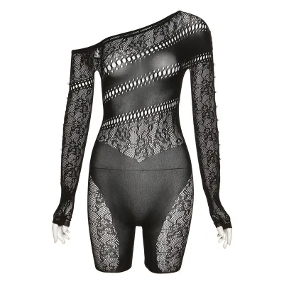 Women Fashion Sexy Solid Color Hollow See-Through Long-Sleeved Rompers
