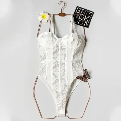 Women Solid Color Lace See-Through One-Piece Sexy Bodysuit Lingerie