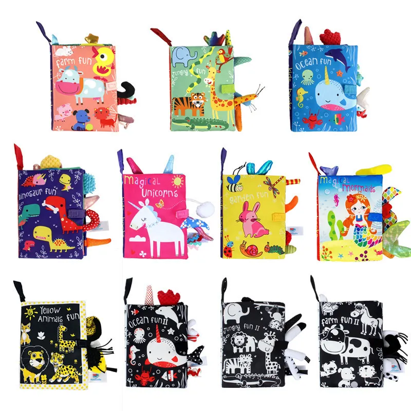 Black White Red Baby Cloth Book Tear Resistant Sensory Tail Toy with Ring