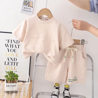 Toddlers Newborn Baby Fashion Boys Casual Sports Short Sleeve Cartoon Bear Solid Color T-Shirt And Shorts 2pcs Set