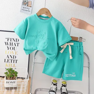 Toddlers Newborn Baby Fashion Boys Casual Sports Short Sleeve Cartoon Bear Solid Color T-Shirt And Shorts 2pcs Set