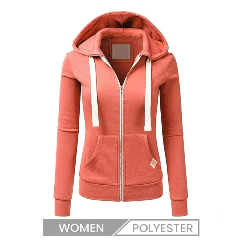 Women Casual Solid Color Zip-Up Hoodie with Pockets