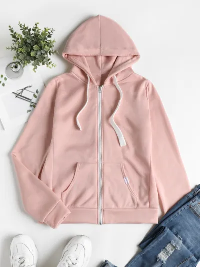 Women Casual Solid Color Zip-Up Hoodie with Pockets