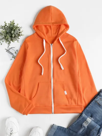 Women Casual Solid Color Zip-Up Hoodie with Pockets