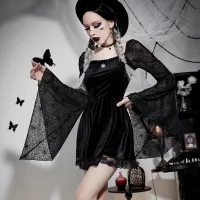Women Vintage Gothic Spider Web Flare Sleeve Square Neck Black Dress
