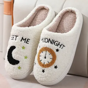 Women Fashion Moon Clock Warm Indoor Cotton Slippers with Suede Upper TPR Sole