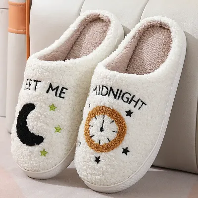 Women Fashion Moon Clock Warm Indoor Cotton Slippers with Suede Upper TPR Sole