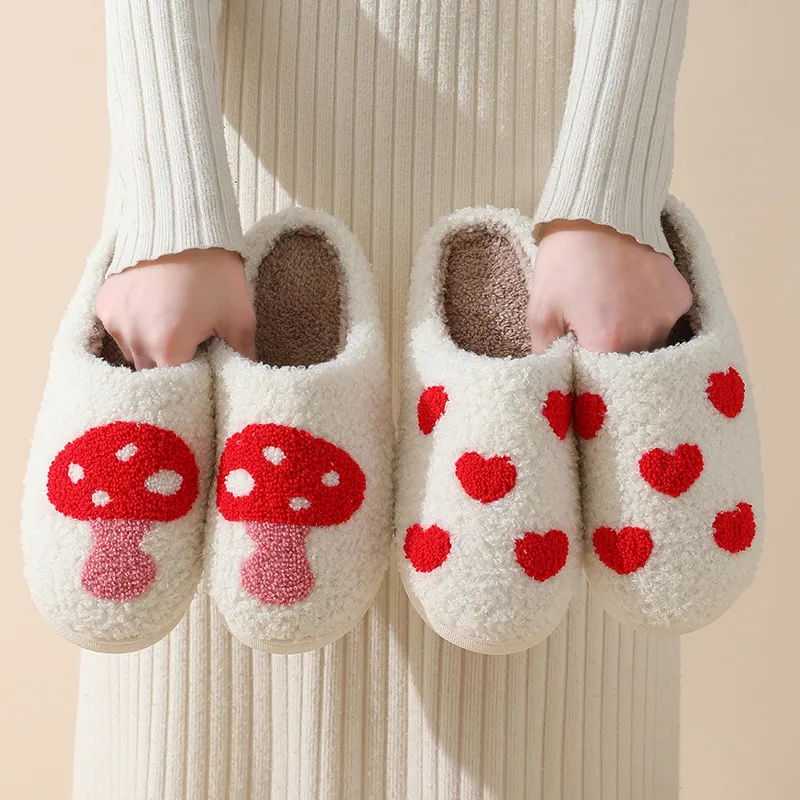 Women Fashion Heart Mushroom Plush Home Indoor Slippers