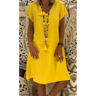 Women Casual Solid Color Short Sleeve V Neck Dress