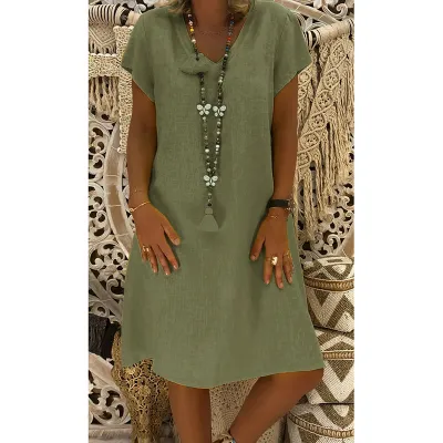 Women Casual Solid Color Short Sleeve V Neck Dress