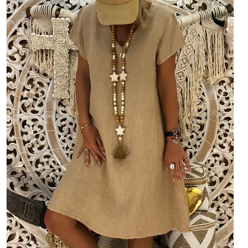 Women Casual Solid Color Short Sleeve V Neck Dress