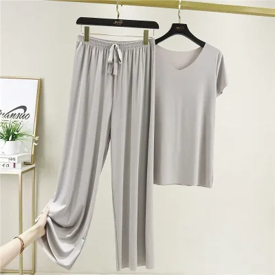 Women Plus Size Casual Solid Color Ice Silk T-Shirt And Pants Two-Piece Set