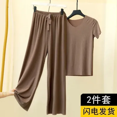 Women Plus Size Casual Solid Color Ice Silk T-Shirt And Pants Two-Piece Set