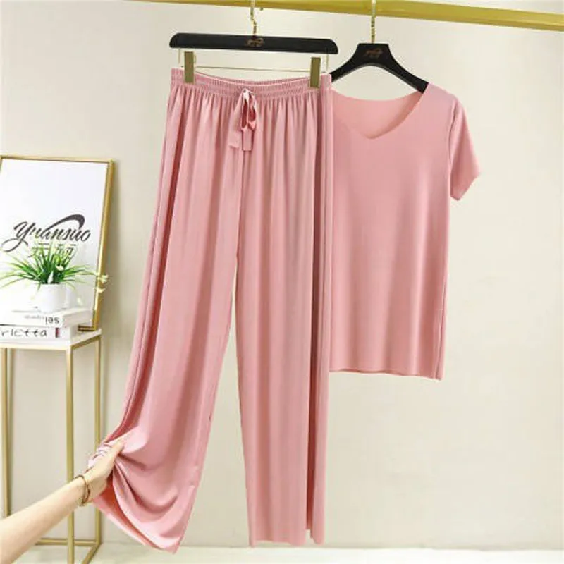 Women Plus Size Casual Solid Color Ice Silk T-Shirt And Pants Two-Piece Set
