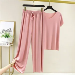 Women Plus Size Casual Solid Color Ice Silk T-Shirt And Pants Two-Piece Set