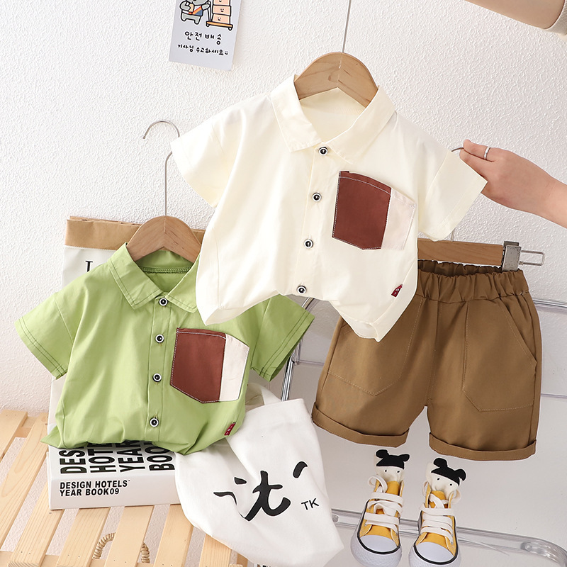 Wholesale Toddlers Newborn Baby Fashion Boys Casual Sports Short Sleeve Pocket Color Blocking Shirt And Shorts 2pcs Set