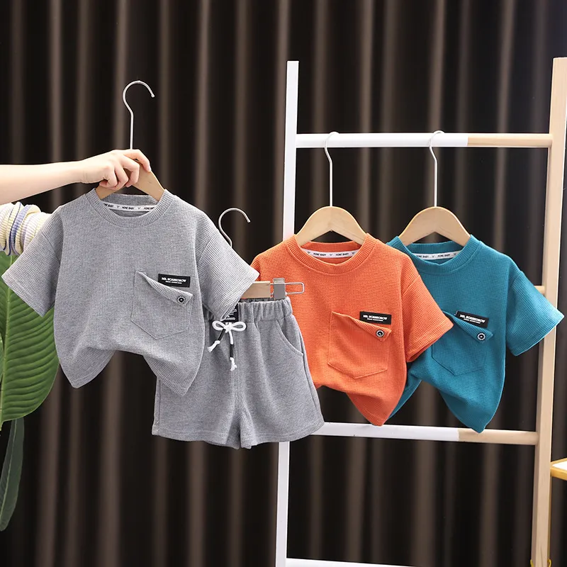 Toddlers Newborn Baby Boys Casual Solid Letter Print Short Sleeve Pocket T-Shirt And Shorts 2pcs Set