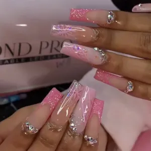 Women Fashion Pink Glitter Edge Snowflake False Nails Long Wearable Ballet