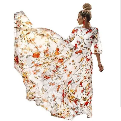 Women Casual Urban Style Printed Chiffon Swing Maxi Dress