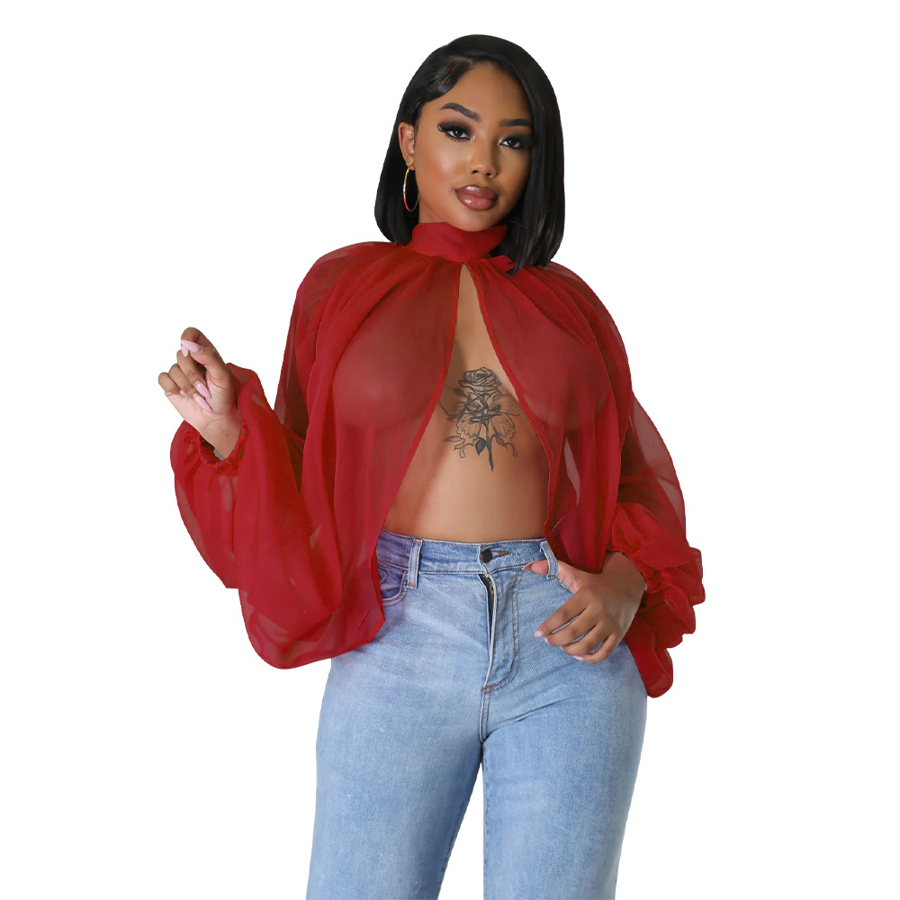 red sheer blouse