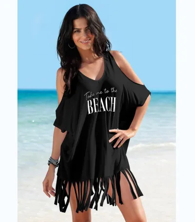 Women Fashion Cotton Tassel Printing Off Shoulder Beach Short Sleeve Vacation Cover Up