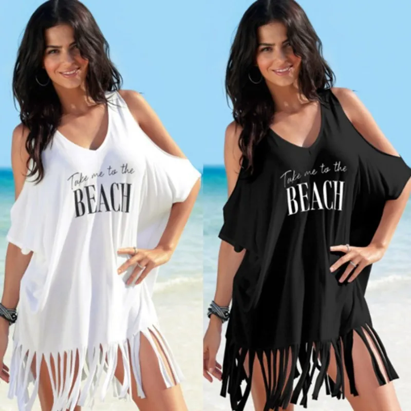 Women Fashion Cotton Tassel Printing Off Shoulder Beach Short Sleeve Vacation Cover Up