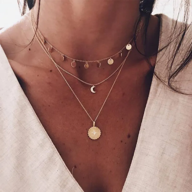 Women Bohemian Fashion Sun Crescent Tassel Multilayer Necklace