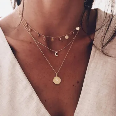 Women Bohemian Fashion Sun Crescent Tassel Multilayer Necklace