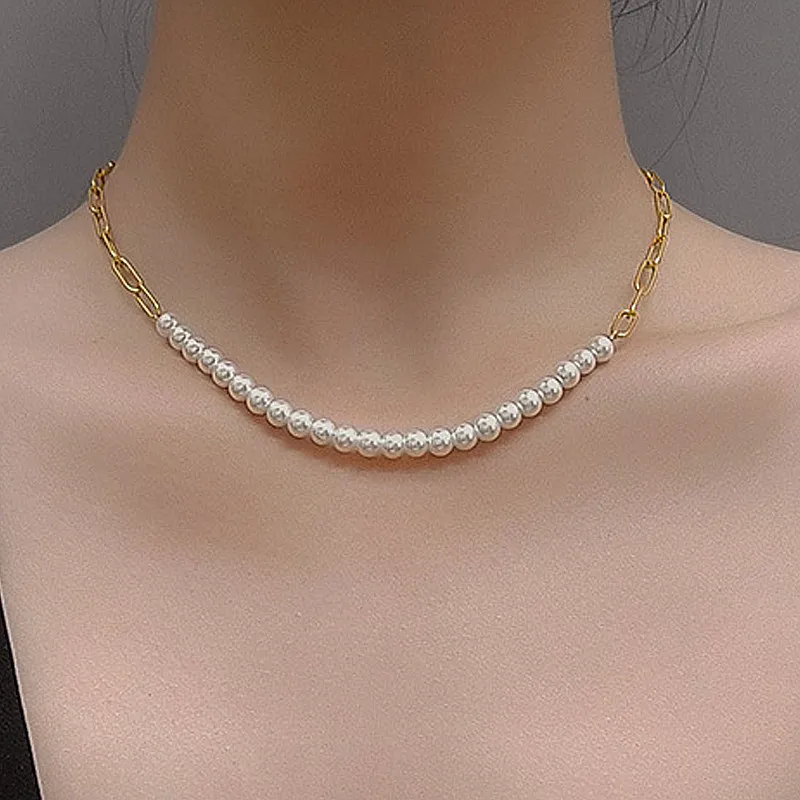Women Simple Elegant Half Imitation Pearls Half Chain Princess Necklace