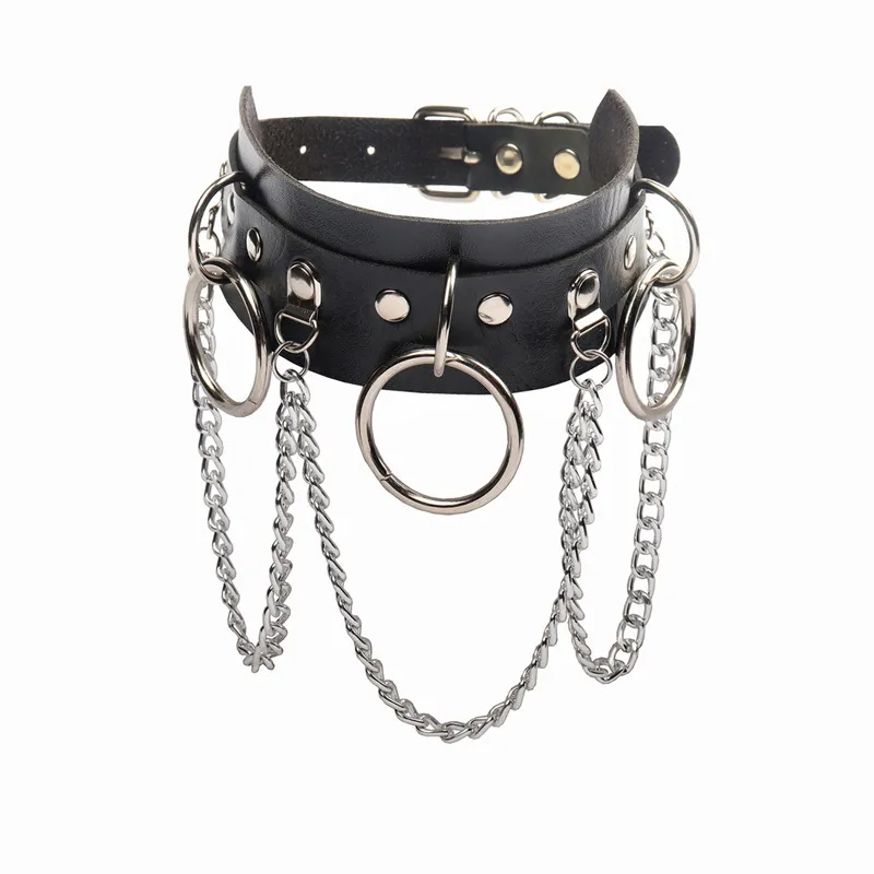 Women Fashion Punk Circles Chains Tassel Leather Choker