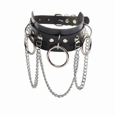 Women Fashion Punk Circles Chains Tassel Leather Choker