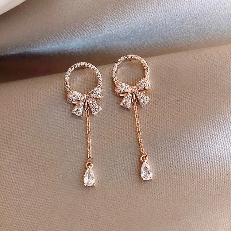 Women Fashion Rhinestones Bow Circle Drop Shaped Dangle Earrings