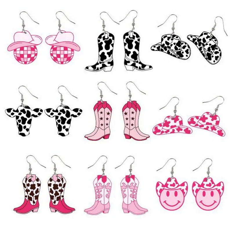Women Fashion Western Cowboy Cow Pattern Boots Hats Dangle Earrings