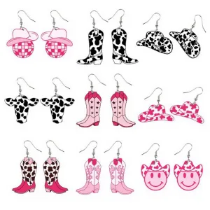 Women Fashion Western Cowboy Cow Pattern Boots Hats Dangle Earrings