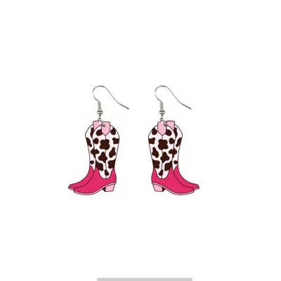 Women Fashion Western Cowboy Cow Pattern Boots Hats Dangle Earrings