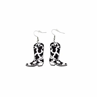 Women Fashion Western Cowboy Cow Pattern Boots Hats Dangle Earrings