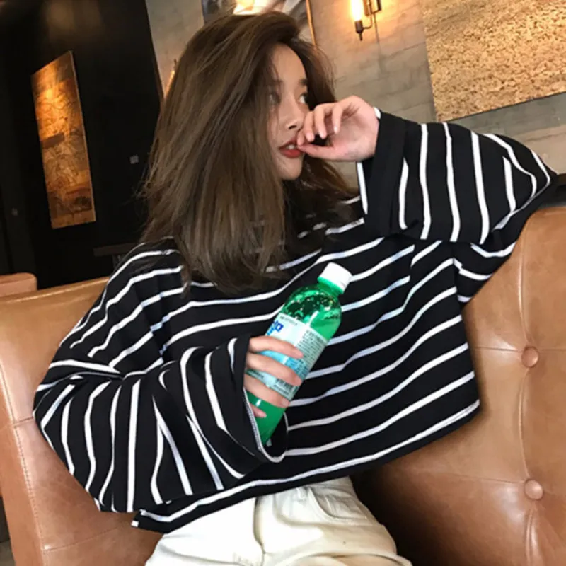 Women Fashion Loose Fit Black White Stripe Long Sleeve Round Neck T-Shirt