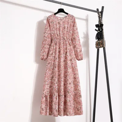 Women Chiffon Floral Long-Sleeved Maxi Dress