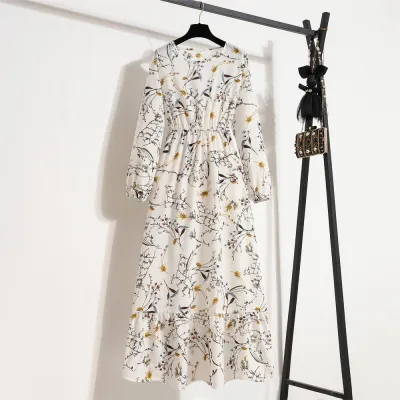 Women Chiffon Floral Long-Sleeved Maxi Dress