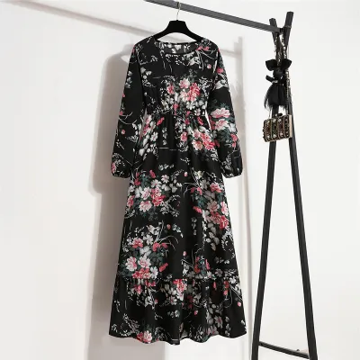 Women Chiffon Floral Long-Sleeved Maxi Dress