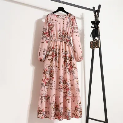 Women Chiffon Floral Long-Sleeved Maxi Dress