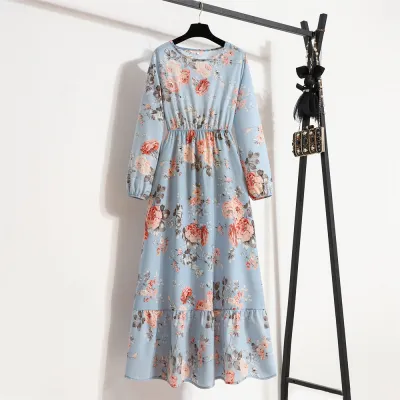 Women Chiffon Floral Long-Sleeved Maxi Dress