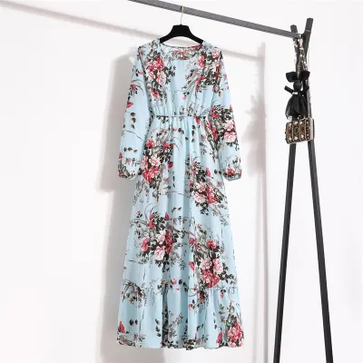 Women Chiffon Floral Long-Sleeved Maxi Dress