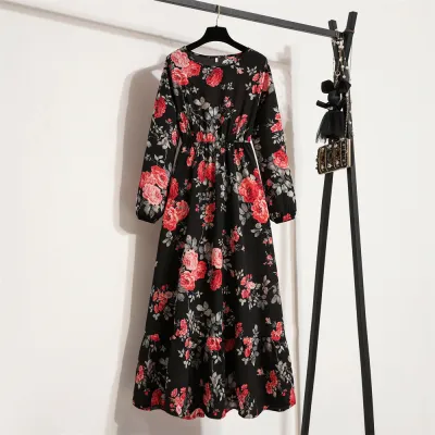 Women Chiffon Floral Long-Sleeved Maxi Dress