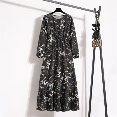 Women Chiffon Floral Long-Sleeved Maxi Dress