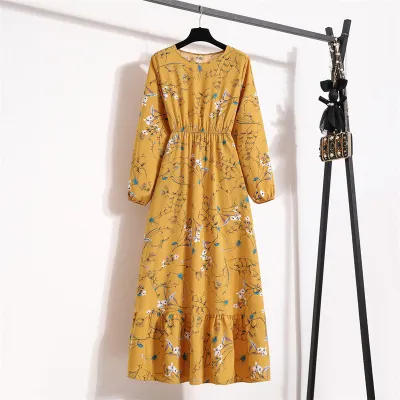 Women Chiffon Floral Long-Sleeved Maxi Dress