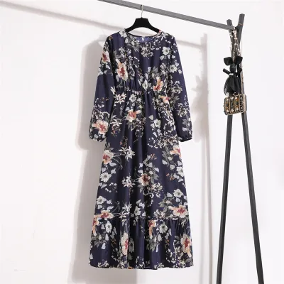 Women Chiffon Floral Long-Sleeved Maxi Dress